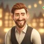 Placeholder: a portrait of smiling man. handsome dutch man. caricature. undercut hair. fair skin. oblong face shape. 3/4 view. has thin beard. black formal shirt. pixar style. 3D. 4k. portrait. highly detailed. sharp focus. high resolution. full color. cinema lighting