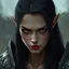 Placeholder: A digital illustration shoot from a portrait camera angle about a portrait of a young orc woman with striking features. In the middle of the image, a 20 years old orc woman, appears to be looking at the viewer lost in thought. she has long black hair, red eyes, and is wearing armour. her face is painted with red lipstick