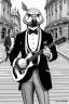 Placeholder: One single mature budgerigar wearing tuxedo, playing guitar in the street , Vienna, mourning, model style, hyper realistic, extremely accurate, delicate, extremely detailed, Graphic novel style, wide-angle, open aperture, superfine pencil