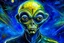 Placeholder: piloting an unidentified flying object (UFO) portrait of a benevolent alien from distant planet in deep outer space otherworldly intergalactic texture of the brushstrokes visible in surface of paint. portrait by Van Gogh