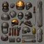 Placeholder: Sprite sheet, tools, gear, helmet, icons, survival game, gray background, comic book,