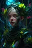 Placeholder: Expressively detailed and intricate 3d rendering of a hyperrealistic: Caucasian girl girl, cyberpunk plants and flowers, neon, vines, flying insect, front view, dripping colorful paint, tribalism, gothic, shamanism, cosmic fractals, dystopian, dendritic, artstation: award-winning: professional portrait: atmospheric: commanding: fantastical: clarity: 16k: ultra quality: striking: brilliance: stunning colors: amazing depth