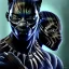 Placeholder: portrait, will smith in black panther suit, no mask, intense stare, dark forest, dynamic lighting, 8k, ultra detailed