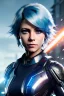 Placeholder: Cyborg anime warrior, light blue hair, Meg ryan hairstyle, blue eyes, waist up portrait, 8k resolution, intricate details, ornate details, soft lighting, vibrant colors, retroanime, masterpiece, intricate eyeliner, dark eyeshadow, eyes, intricate tattoos, futuristic cityscape background