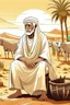 Placeholder: Old man, Arab, turban, white clothes, cattle, desert, council, sun, palm trees, mud houses, holding a stick, looking forward, a very slight smile.cartoon,Sitting on a chair,long beard