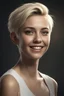 Placeholder: Chiaroscuro lighting, deep shadows, rich deep colors, full body portraits, 8K Ultra-HD, Hyper Realistic, Photorealistic, Realistic, focused, Clear, Extremely Detailed, beautiful, Cinematic, proportionate, full color, an image of a smiling young woman with short, pixie-cut bleach-blonde hair, tapered on the sides, wearing a pair of blue round lensed glasses, and a pink and blue button t-shirt, big happy smile, a foggy, cloudy blue background