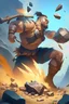 Placeholder: Create a piece of art showcasing your champion, Pelter, in the battle. Pelter is firing his slingshot, shooting pebbles all over the field