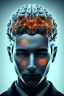 Placeholder: satoshi nakamoto in the bitcoin brain, Fire theme art, Dark moody night atmosphere, , 8K, close-up face, anatomically perfect face