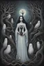 Placeholder: A painting depicting a surreal ghostly woman with ghostly white skin in Tim Burton style, high details, surrounded by various strange mystic trees. Her eyes are close open, and her is long messy dark hair. she holding a black heart, adding a unique surreal and sinister style to the artwork, etheral, weird plants, otherworldly, dark mood