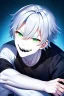 Placeholder: plauge doctor in balck leather clothes with silver hair, pale skin and bright green eyes smiling with sharp teeth, nice young face, male, viscious smile