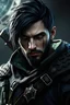 Placeholder: young male ranger, black & green leather, black hair, silver eyes, short trimmed beard, slim vertical laceration over right eye, 8k resolution, dark fantasy concept art, as on Deviantart, dynamic lighting, hyperdetailed, intricately detailed, trending on Artstation, deep color, Unreal Engine, volumetric lighting, complementary