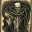 Placeholder: Picture of Cthulhu with white skin and a beard made of fleshy tentacles as a Russian Orthodox nosferatu vampire with yellow eyes and vampire fangs