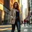 Placeholder: Create an ultra-realistic cinematic 8K fullbody of lady mode skin texture, add makeup,pretty boots,curvy long hair. Style: fashion editorial, confident posing standing in streets of a modern city. Lighting: warm golden hour sunlight, soft rim light. Camera look: shallow depth of field, film grain, cinematic color grade.
