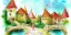 Placeholder: exquisite whimsical fairytale watercolor, delicate village, cute, adorable, linen backdrop, warm colors