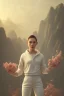 Placeholder: croc magnon portrait , white jogging suite, at dawn by atey ghailan, golden light , holding leaves and flowers , angels background, volumetric light, high detail, pink leaf tree, mountains in background, perfect