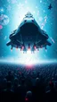 Placeholder: A field of random people in a bright lighting , at the end of the picture a huge complicated details texture of a blue dark colorful spaceship , lot of rockets and falling stars filling the picture