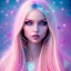 Placeholder: beautiful, soft, smiling face, whole head, long straight blonde hair blues eyes, crown on the head, clothing in transparent bluish and pink veil, background brillante bluish and pink, hight definition, 8K