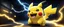 Placeholder: An electric Pokemon: Pikachu With Yellow Black Colors And A Zigzag Yellow Tail With angrily smiling and unleashing thunderbolt with electric waves from its back, At Dark Circuit room having yellow circuit patterned walls, at dark night Showing Dramatic AND Cinematic Ambiance.