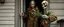 Placeholder: close up portrait painted by Rembrandt, Maya is standing in the doorway with one hand still on the handle. She looks surprised, but not frightened. The zombie is wearing an old brown coat with patches on the elbows. His shoes don't match. What's surprising is that he's carrying a bunch of wildflowers. One of them has slipped from his hand and landed upside down on the porch. The rain is falling everywhere except on the flowers. That's a little strange. The story doesn't mention it.