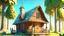 Placeholder: small cute fantasy wooden house near a forest, daytime