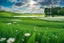 Placeholder: a big dance grass field in country side environment ,green field ,flowers , small river at distance,blue sky pretty clouds ,camera looking at horison