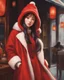 Placeholder: a woman wearing a red hat and scarf, by Lü Ji, realistic cute girl painting, portrait anime girl, wlop painting style, kawaii realistic portrait, realistic portrait full body, cute anime girl portrait, realistic anime art style, warm color clothes, korean artist, long red cape, by Pu Hua, red background photorealistic, wearing red attire, red coat