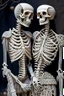 Placeholder: Celebrity skeleton couple dressed in intricately detailed designer suits made from macrame and quilling found in nature.