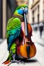 Placeholder: One single mature parrot, sleeping in a corner on the street, violin case, Vienna, model style, hyper realistic, extremely accurate, delicate, extremely detailed, Graphic novel style, wide-angle, open aperture, superfine pencil