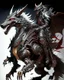 Placeholder: A combination of a dragon and a wolf and a commander riding on it Warrior warrior with leather and metal clothes and robotic metal