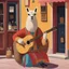 Placeholder: [art by Wes Anderson] a lama in playing guitar while singing on the doorstep of the bar