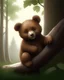 Placeholder: cA delightful scene of a cute little bear cub sitting on a branch of a large, sturdy tree. The adorable bear is perched comfortably with its front paws, its chubby little body resting against the branch. Its attention is fixated on a piece of paper that it holds in its fore-claws, intently coloring a vibrant picture of its woodland pals. The animal's fur is soft and fluffy, a mix of light and dark brown hues, while its eyes are expressive and curious. The branch it's sitting on is surrounded by
