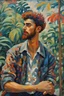 Placeholder: Louis Valtat oil painting tufting tapestry a dreaming young beard colored punk guy in the pop '80s tropical greenhouse rainy day lights oil painting art