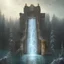 Placeholder: fantasy art, book illustration, upper body of big mad wizard up the stairs of a bridge or dam ,icy water, on the bridge is a wolf, there is also a hawk and everything is seen from the tree tops