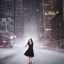 Placeholder: woman wearing a dress floating in the air, scared, downtown snowy new york at night, dramatic, dramatic lighting, volumetric lighting, hyperrealism, 8k, high quality, photorealistic, lot of details