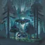 Placeholder: a dark forest with a house in the distance and a ufo in the sky, dark tones