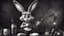 Placeholder: photorealistic deppressed dark melancholic sad Bugs bunny with blackeye deppressed doing music rock and roll dark heavy metal on a scene alcoholic, ciggaretes sad sad sad ciggarets