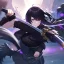 Placeholder: Clear focus,High resolution, Black short fluffy hair, and purple eyes, wearing a black outfit, must wear a short skirt, holding a glowing katana, fighting stance