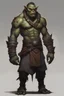 Placeholder: Full body image of a DND style Orc, 6 feet tall with small tusks coming from it's bottom jaw, dark skin, bright amber eyes with small amount of hair who fights with just hands and a scar on his sholder