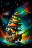 Placeholder: The Flying Dutchman's ship, in brilliant colors, sails in a sea between the stars