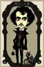 Placeholder: black haired black eyed young man necromancer steampunk goth hobbit that looks like a young Edgar Allan Poe with gothic jewelry and pet black rat in the style of Charles Addams