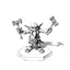 Placeholder: low poly, goblin troll miniature model half painted arms outstretched holding battle hammer offering gift, standing on black and white pencil drawn hexagon grid, dwarf is whacking finger on hands and shadows of artist