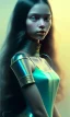 Placeholder: young girl, cute, beautiful, long hair, black hair, light green skin, flat nose, black eyes, turquoise dress, head and shoulders portrait, 8k resolution concept art portrait by Greg Rutkowski, Artgerm, WLOP, Alphonse Mucha dynamic lighting hyperdetailed intricately detailed