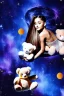 Placeholder: Ariana Grande floating in space with fluffy teddy bears high quality high detail high contrast