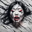 Placeholder: paper portrait of Goth Asian woman, lying pose, face distorted with pain, reverse colors, screaming, tears streaming from eyes, glitchcore, horror, ultra realist texture,