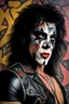 Placeholder: text 'KISS' - head and shoulders portrait, KISS - muscular 20-year-old Paul Stanley, Black star on right eye, Chest and stomach hair, rose tattoo on right shoulder, black spandex and leather, 8-inch high platform boots, - a multicolored cement wall in the background,