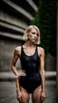 Placeholder: beautiful anorexic woman, total shot, short shiny black triathlon swimsuit, short blond wavy bob hair, blurred concrete background