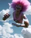 Placeholder: Ultra realistic speed clouds sky scene, wide angle view, sweet childs falling down, inflatable color clothing, free jumping flying, many trinkets, monster hair, hair monster, many jelly beans, balls, smile, happy, circus style, extreme, wind, clouds sea, 20,000 feet altitude, stratosphere, soft color, highly detailed, unreal engine 5, ray tracing, RTX, lumen lighting, ultra detail, volumetric lighting, 3d, finely drawn, high definition, high resolution.