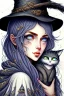 Placeholder: Cute friendly witch, playing with cute cats, perfect eyes, perfect iris, ink and pencil, style Elisabeth Kreitz