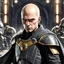 Placeholder: star wars bald male corellian jedi pilot wearing black and gunmetal grey old republic armored robes with gold trim, alone, battle-ready Jedi Master defending a ruined ancient city surrounded by golden light, centered head and shoulders portrait, hyperdetailed, dynamic lighting, hyperdetailed background, 8k resolution, volumetric lighting, light skin, fully symmetric details