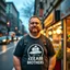 Placeholder: a little fat swedish man standing on a busy street wearing a t-shirt. a kebab brothers t shirt, with a kebab brothers logo